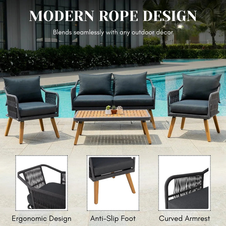 Riley 4-Piece Outdoor Rope Patio Furniture Set with Wood-Top Table