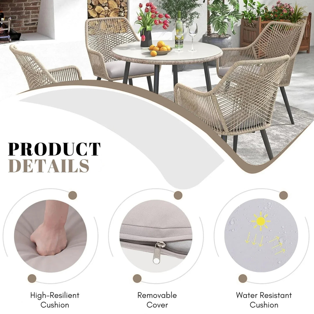 Valentina 5-Piece Outdoor Patio Dining Set with Rope Chairs & Glass Top Table