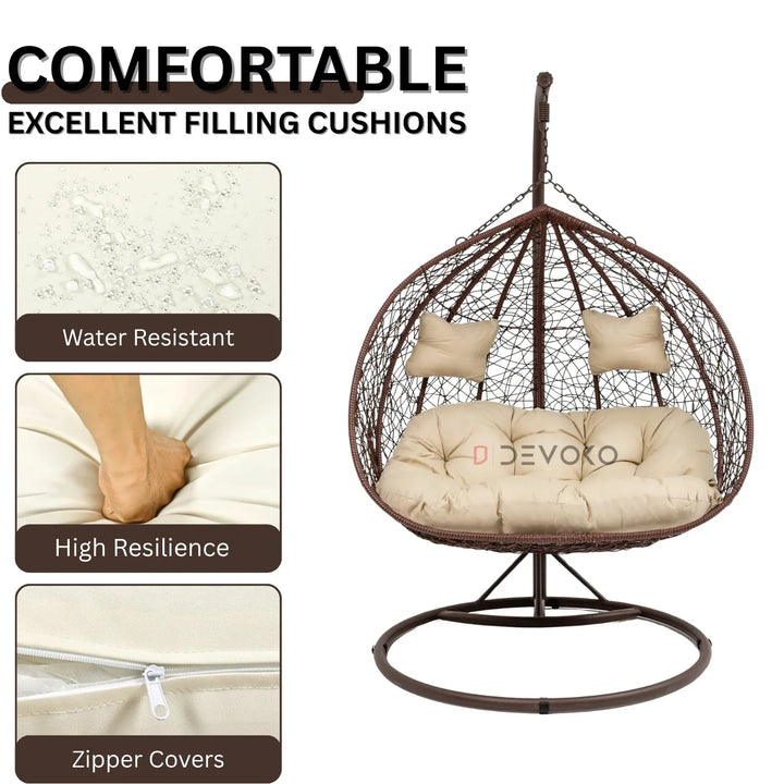 Hui Double Seater Rattan & Wicker Swing (Brown & Cream)