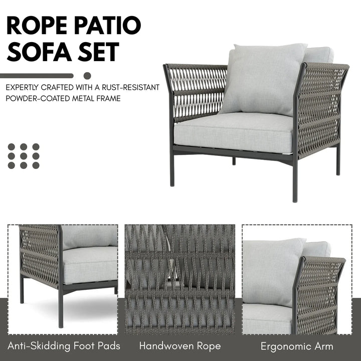 Denali Outdoor Rope 7-Seater Sofa Set With Glass Top Table