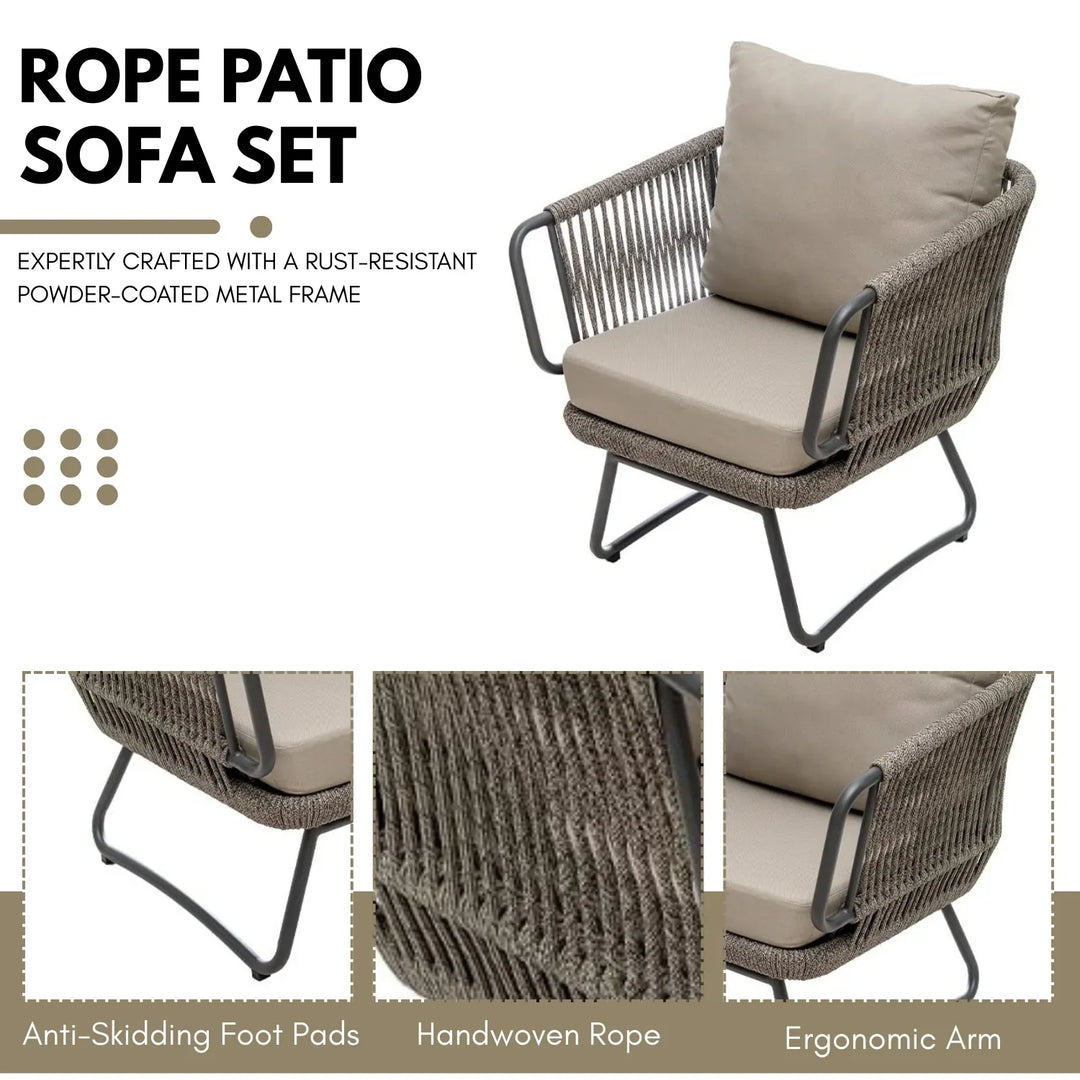 Valeria 4-Piece Rope Sofa Set With Glass Top Table