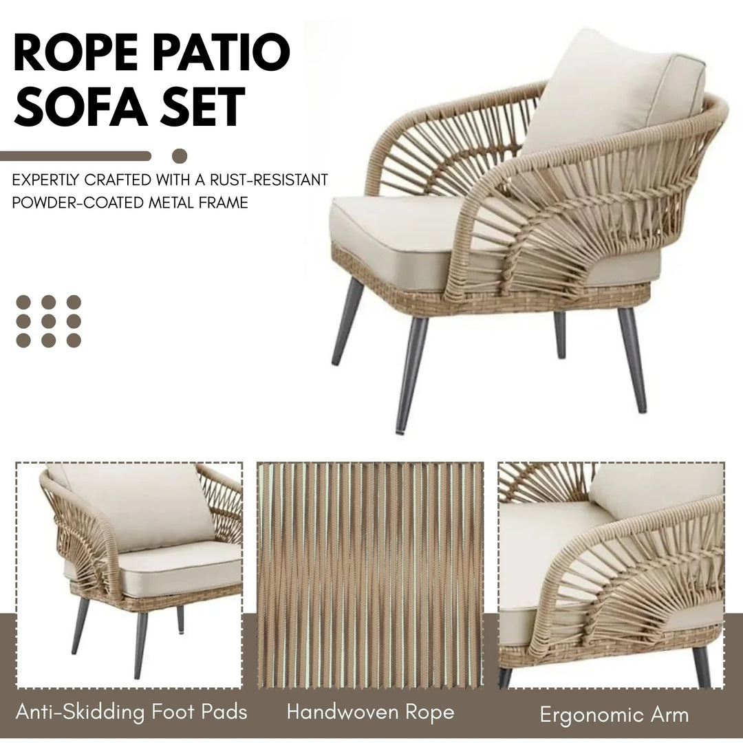 Juno Outdoor Rope Conversation Patio Sofa Set (Beige/Cream)