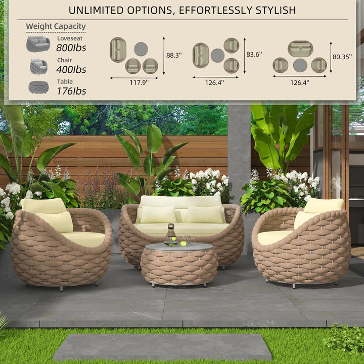 Equo Outdoor Sofa Set 2 Seater, 2 Single seater and 1 Center Table (Beige) Braided & Rope