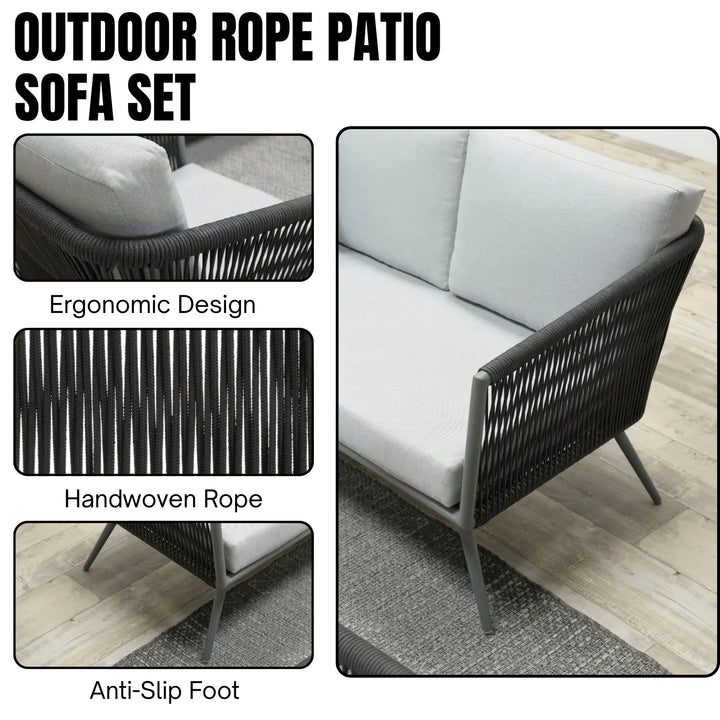 Teresa 5-Seater Outdoor Rope Patio Sofa Set with Glass Top Tables (Black & Grey)