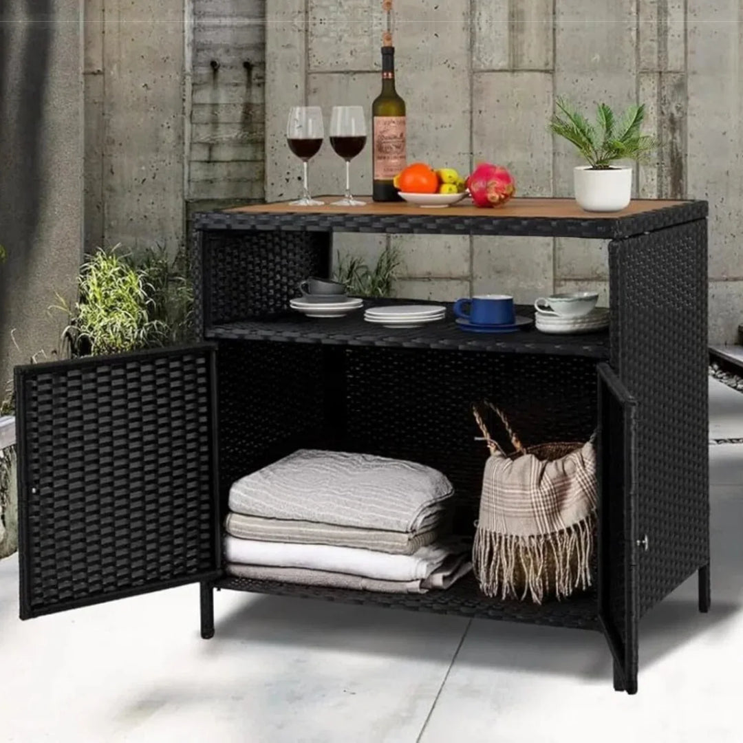 Soledad Outdoor Rattan Wicker Bar Table With Wooden Top
