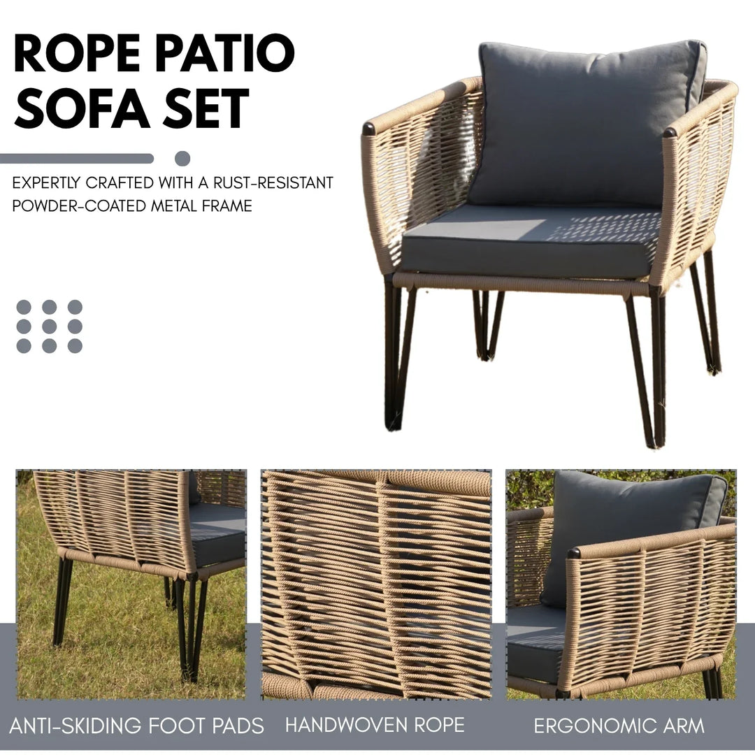 Monroe Outdoor Rope 4-Piece Patio Sofa Set with Glass Top Table (Beige & Dark Grey)