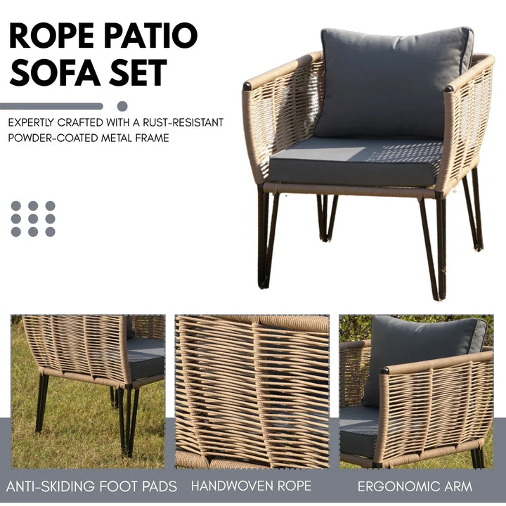Monroe Outdoor Rope 4-Piece Patio Sofa Set with Glass Top Table (Beige & Dark Grey)