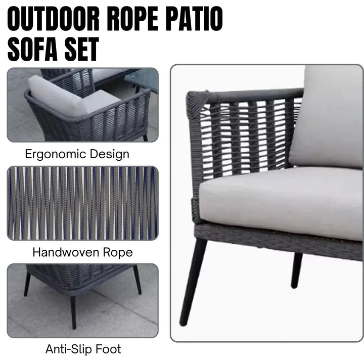 Amirah Outdoor Grey Rope 7-Seater Sofa Set With Glass Top Table