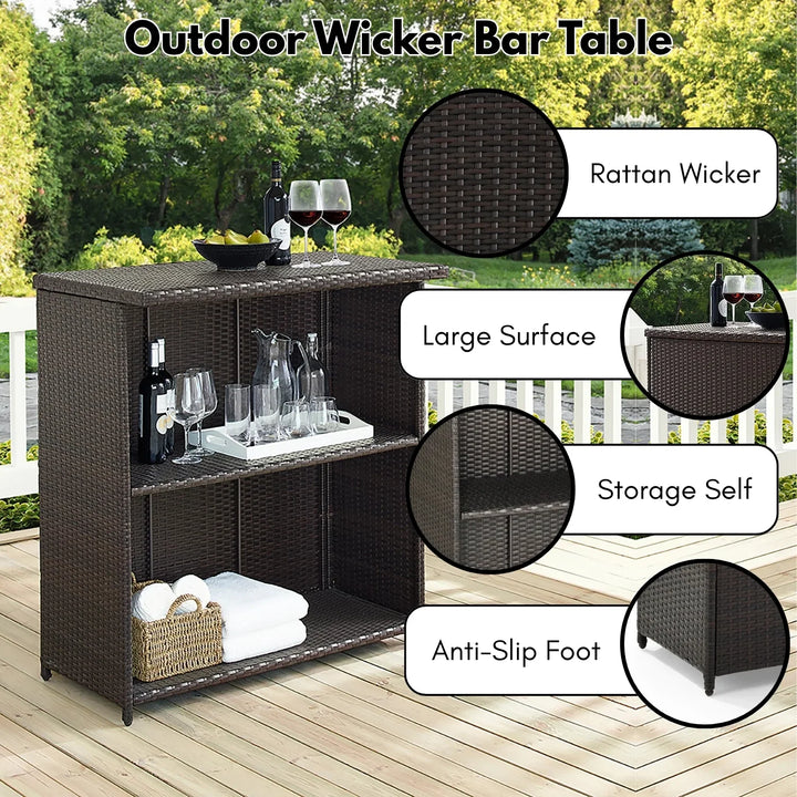 Olalla Outdoor Rattan Wicker Bar Table With Storage Selves