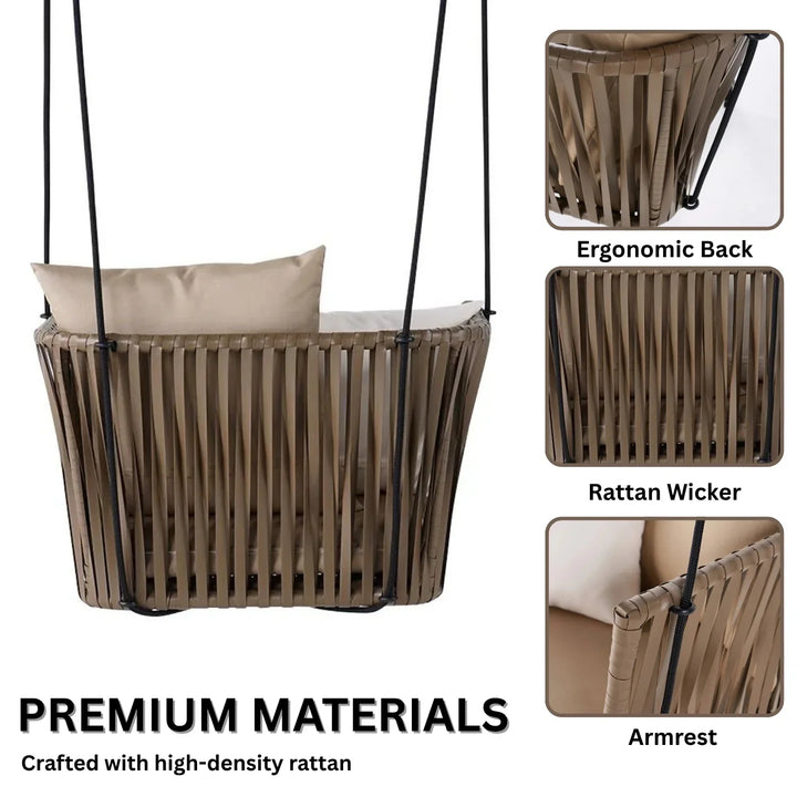 Traditional Porch Outdoor Rattan Garden Swing Chair with Beige Cushion