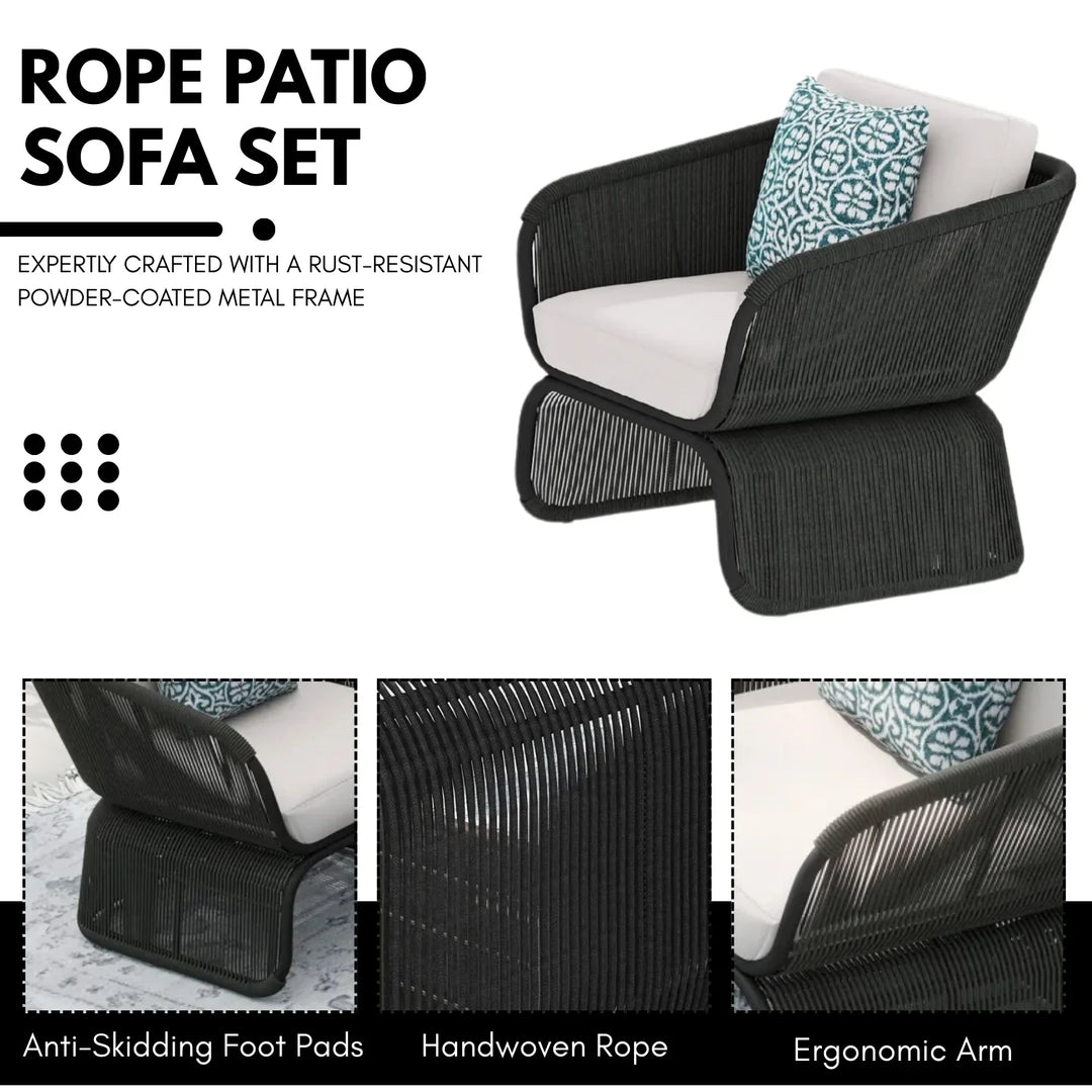 Zainab Outdoor Braided Rope Sofa Set With 2-Tier Glass Top Table