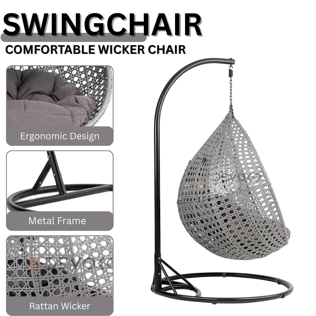 Jia Double Seater Rattan & Wicker Swing (Grey)
