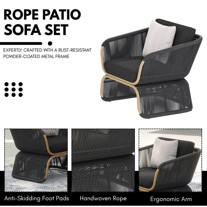 Taima Outdoor Braided Rope Sofa Set With 2-Tier Glass Top Table