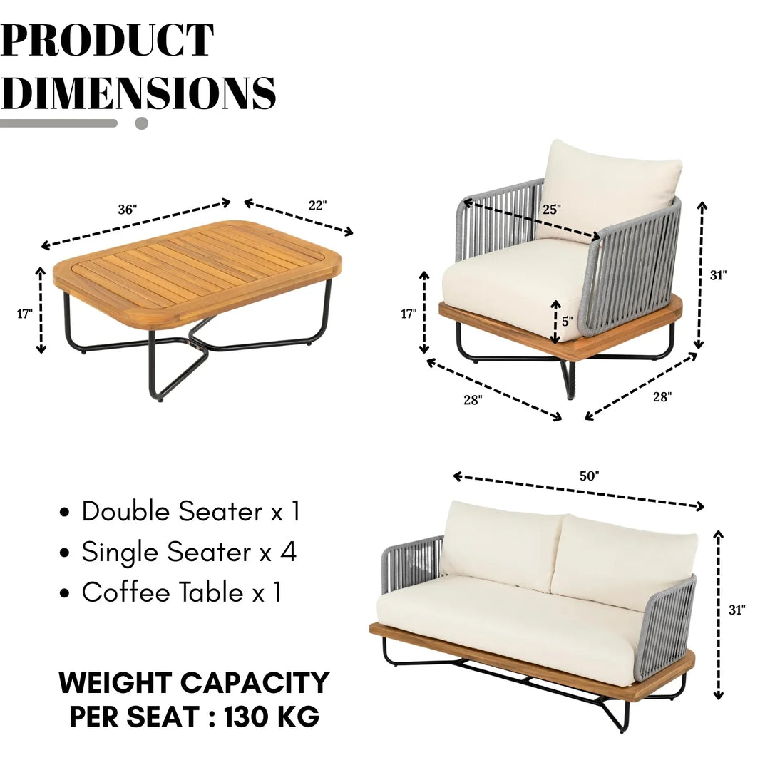 Navisha Outdoor 6-Piece Rope Woven Conversation Sofa Set with Wooden Top Table