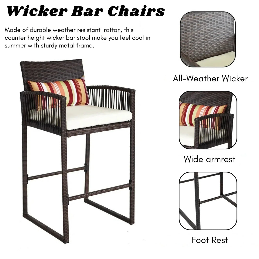 Xaveria Outdoor Rattan Wicker Bar Set With 2-Tier Table