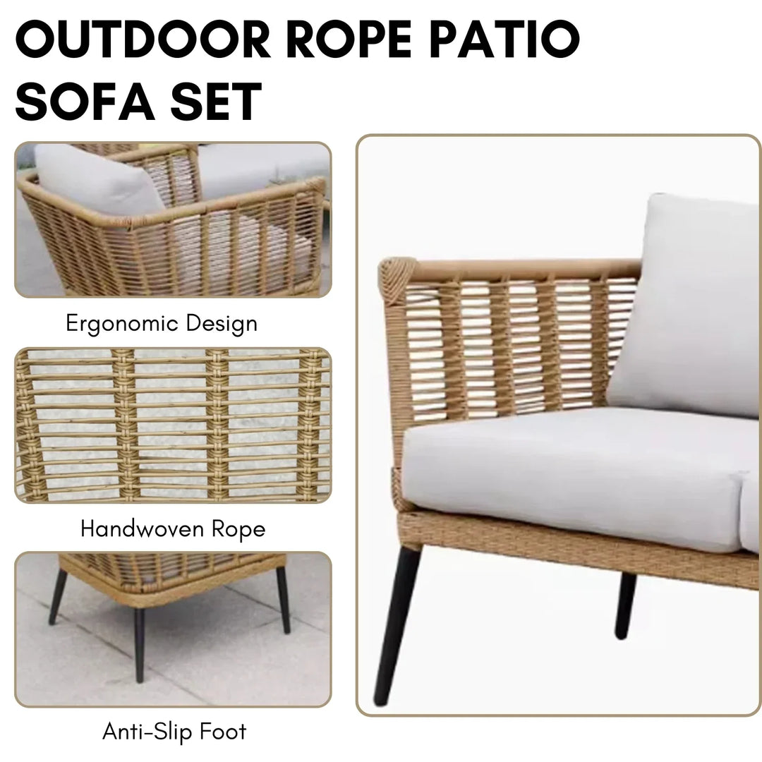 Noura Outdoor Beige Rope 7-Seater Sofa Set With Glass Top Table