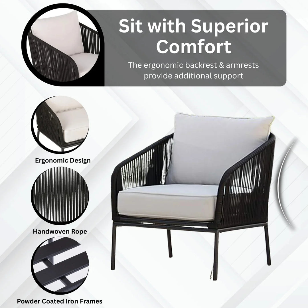 Safiya 3 Piece Outdoor Rope Bistro Set (Black & White)