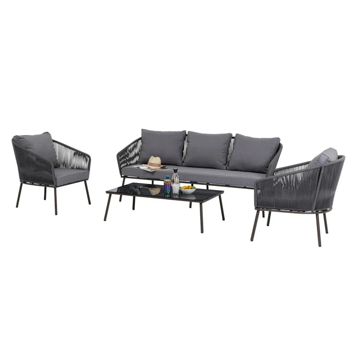 Zariah Outdoor Rope 5-Seater Patio Sofa Set with Glass Top Table (Grey)