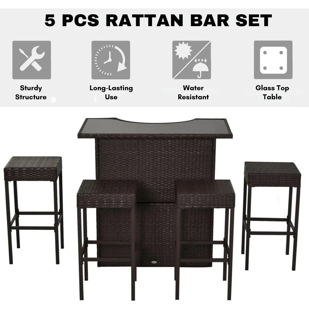 Outdoor Wicker 5-Piece Bar Set with Glass Top Table