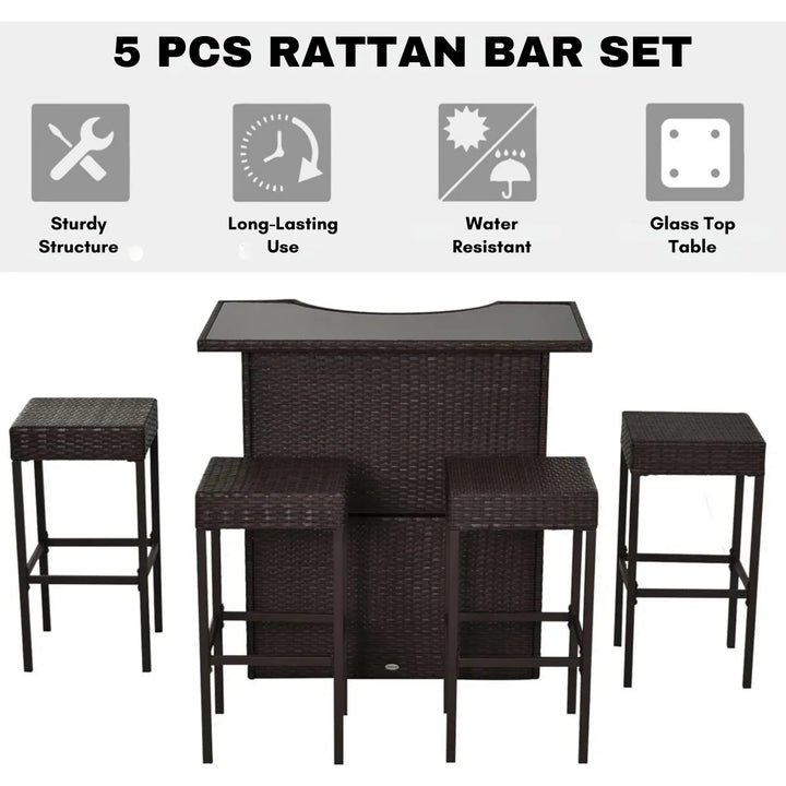 Outdoor Wicker 5-Piece Bar Set with Glass Top Table
