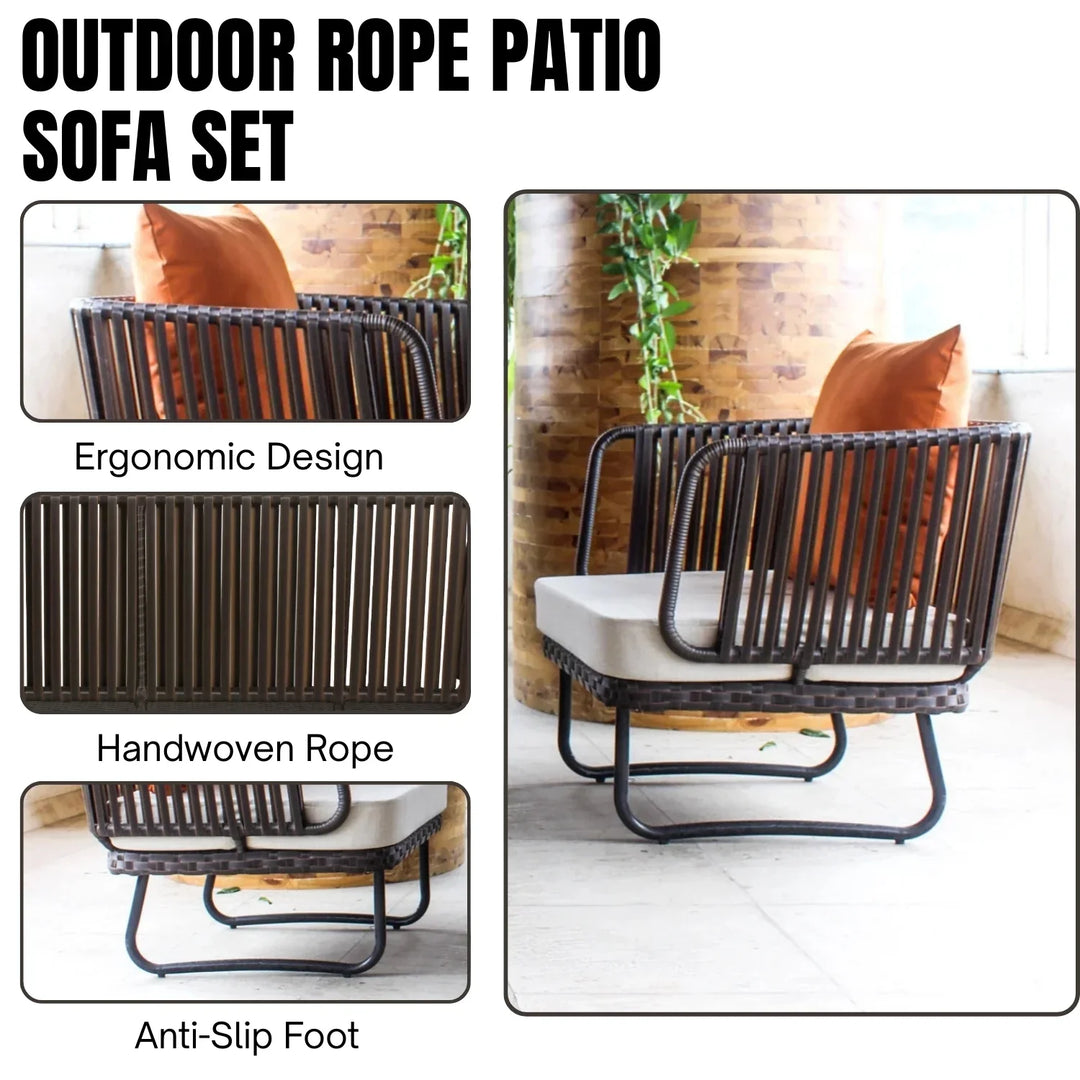 Tinsley Outdoor Rope 4-Piece Patio Sofa Set with Wicker Top Table (Brown & White)