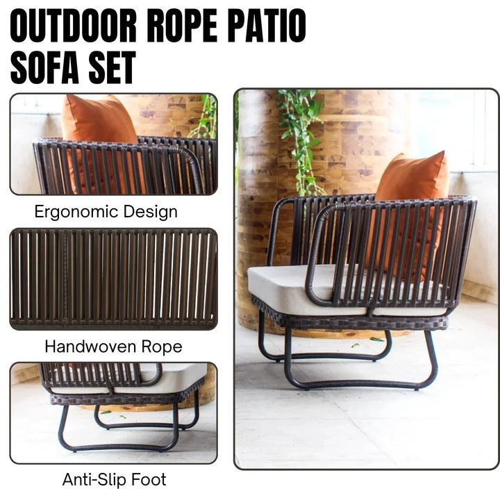 Tinsley Outdoor Rope 4-Piece Patio Sofa Set with Wicker Top Table (Brown & White)