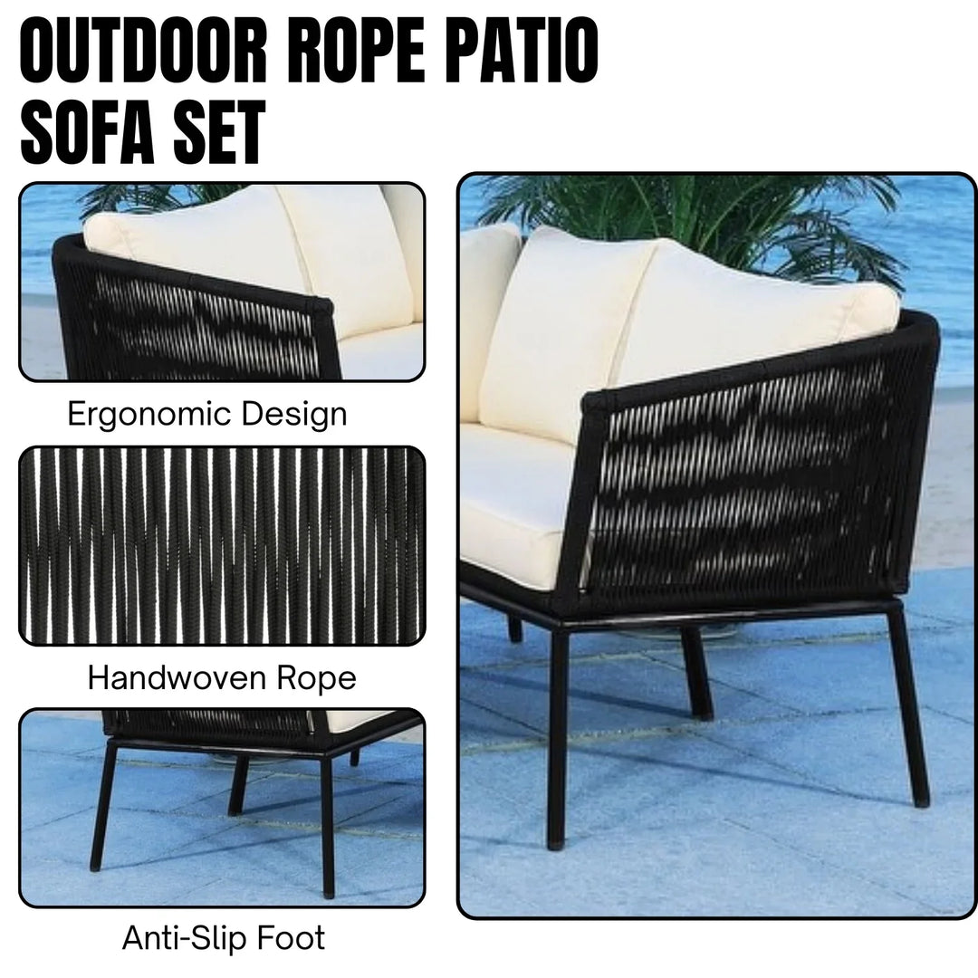 Obeida Outdoor Black Rope L-Shape All Weather Sectional Sofa Set