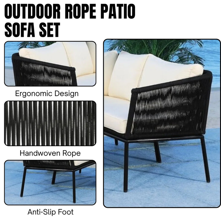 Obeida Outdoor Black Rope L-Shape All Weather Sectional Sofa Set