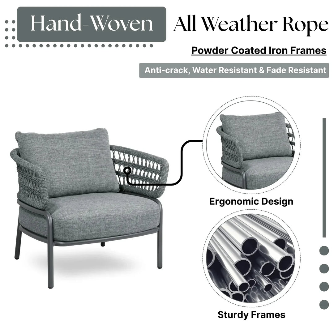 Raelynn Outdoor Rope 4-Piece Patio Sofa Set with Glass Top Table (Grey)