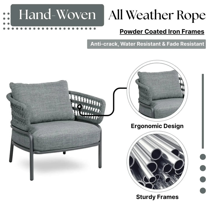 Raelynn Outdoor Rope 4-Piece Patio Sofa Set with Glass Top Table (Grey)