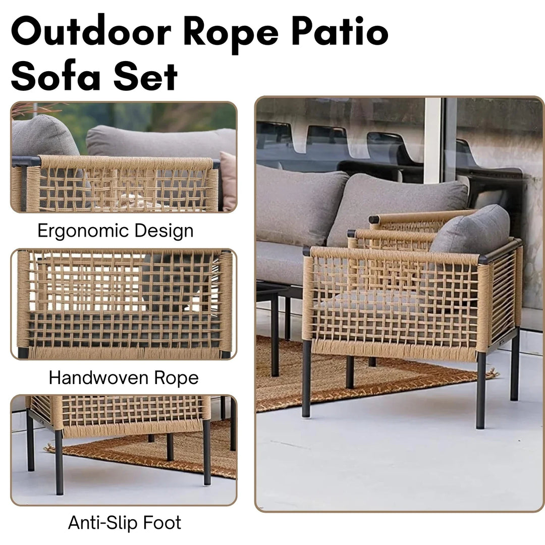 Kaia Outdoor Rope 4 Piece Sofa Set (Beige & Grey)
