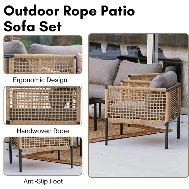 Kaia Outdoor Rope 4 Piece Sofa Set (Beige & Grey)