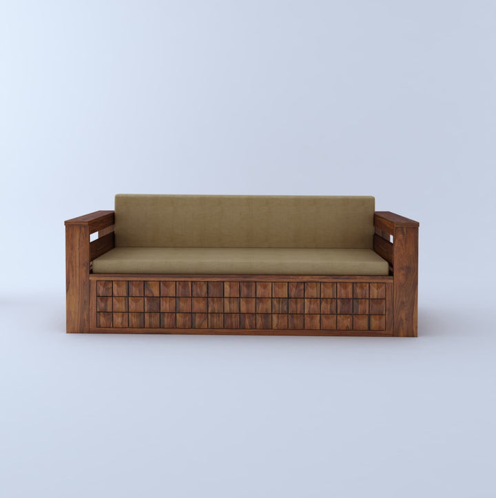Freya Solid Sheesham Wood 3 Seater Sofa Cum Bed With Headboard and Mini Storage