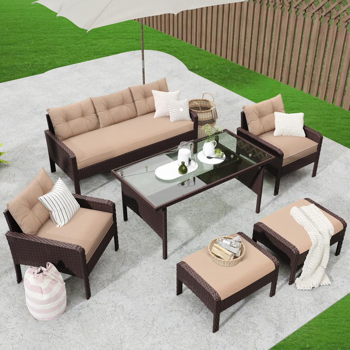BienMate Outdoor Garden Balcony Sofa Set 3 Seater, 2 Single seater, 2 Ottoman and 1 Center Table Conversation Set (White + Tan)