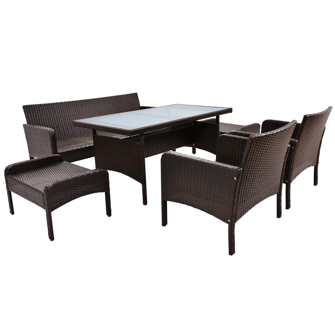 BienMate Outdoor Garden Balcony Sofa Set 3 Seater, 2 Single seater, 2 Ottoman and 1 Center Table Conversation Set (White + Tan)