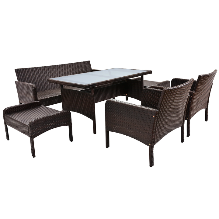 BienMate Outdoor Garden Balcony Sofa Set 3 Seater, 2 Single seater, 2 Ottoman and 1 Center Table Conversation Set (White + Tan)