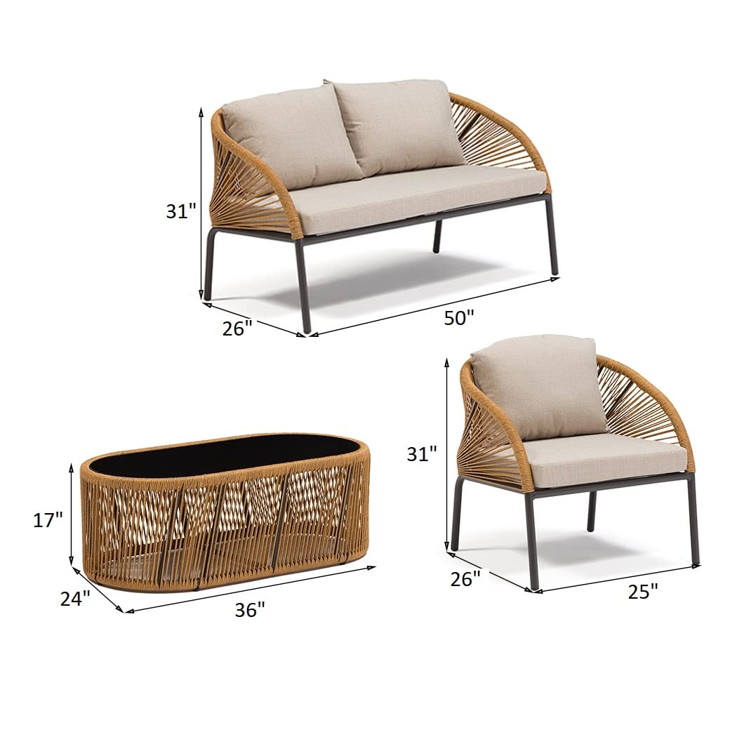 Willa Outdoor Sofa Set 2 Seater , 2 Single seater and 1 Center Table Set (Beige) Braided & Rope