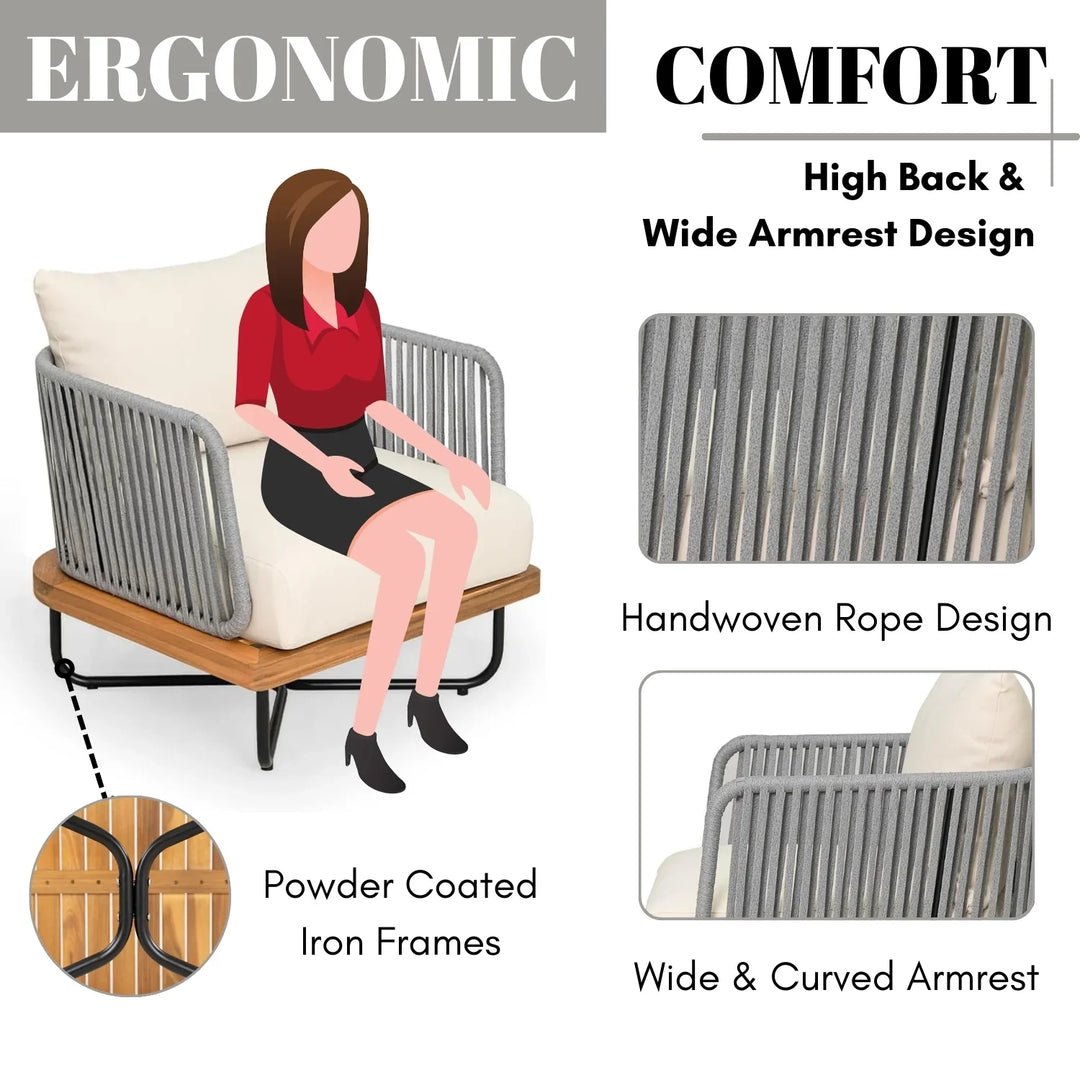 Vibhuti Outdoor 4-Piece Rope Woven Conversation Sofa Set with Wooden Top Table