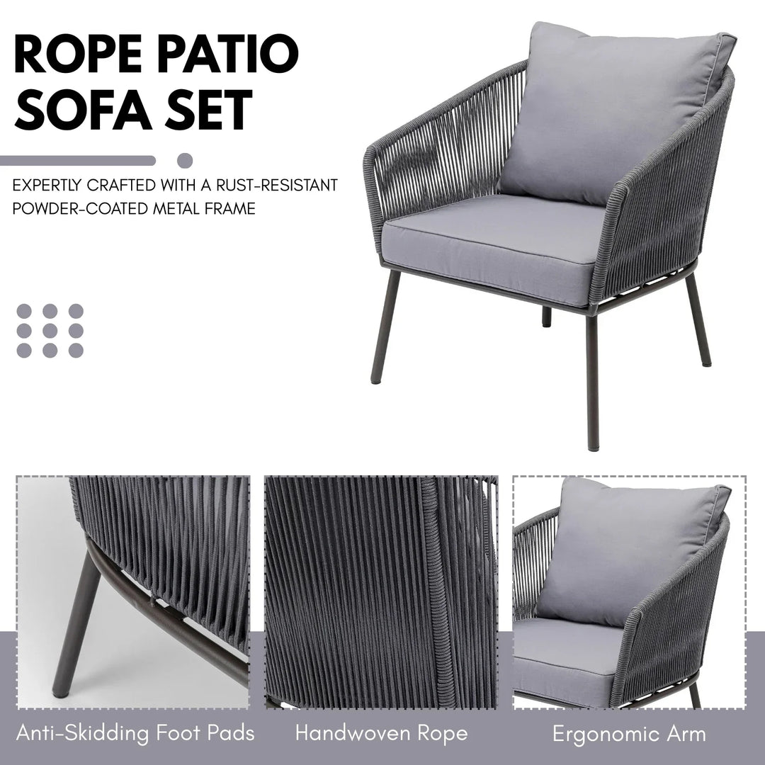 Zariah Outdoor Rope 5-Seater Patio Sofa Set with Glass Top Table (Grey)