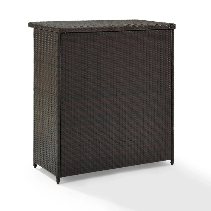 Olalla Outdoor Rattan Wicker Bar Table With Storage Selves