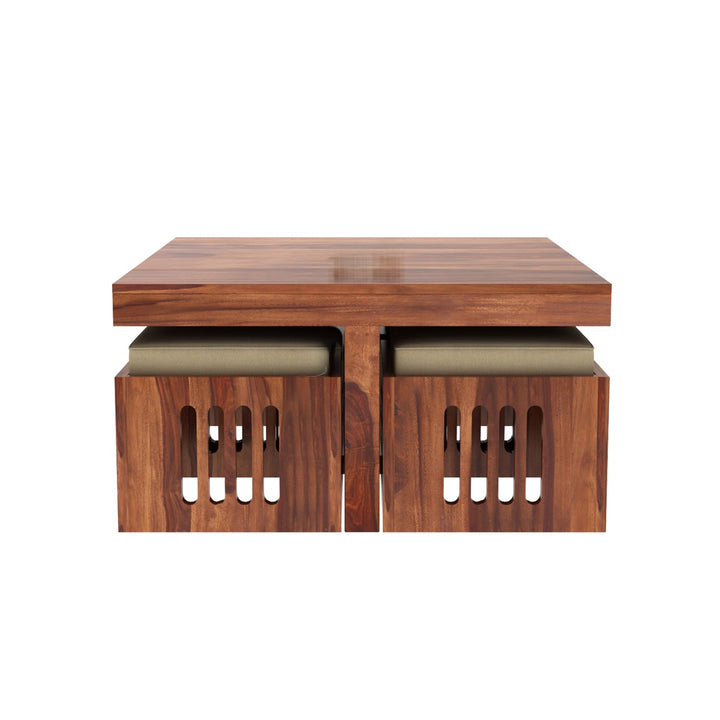 Savely Solid Wood Sheesham Coffee Table with 4 Seating Stools
