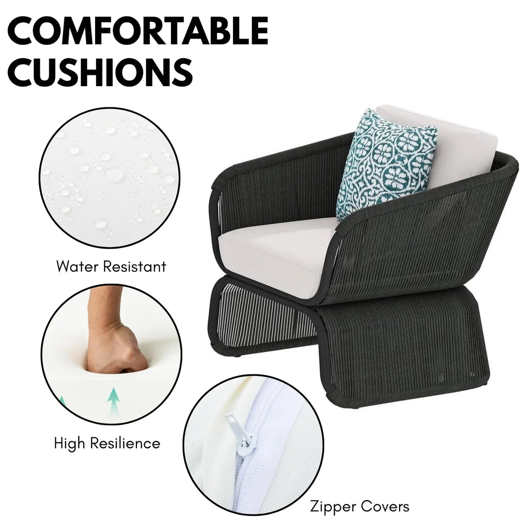 Zainab Outdoor Braided Rope Sofa Set With 2-Tier Glass Top Table