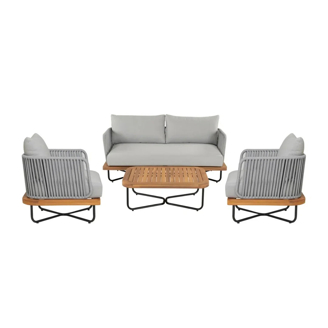 Uma Outdoor 4-Piece Rope Woven Conversation Sofa Set with Wooden Top Table
