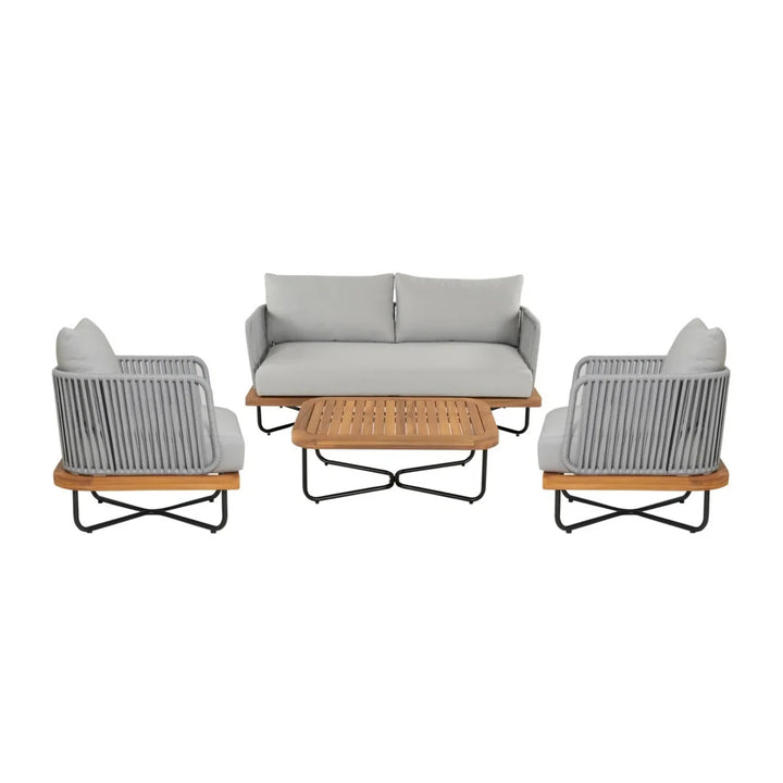 Uma Outdoor 4-Piece Rope Woven Conversation Sofa Set with Wooden Top Table