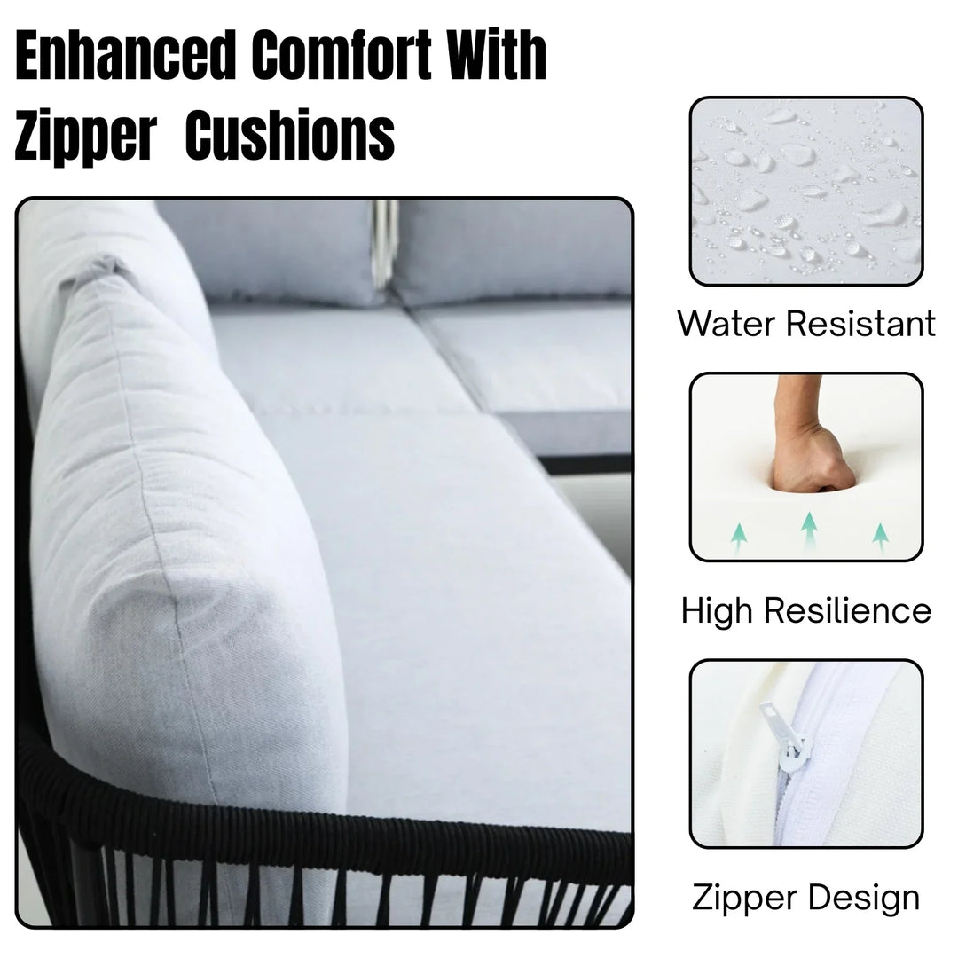 Kinsley L-Shape 5 Seater Outdoor Patio Rope Conversation Set with Table