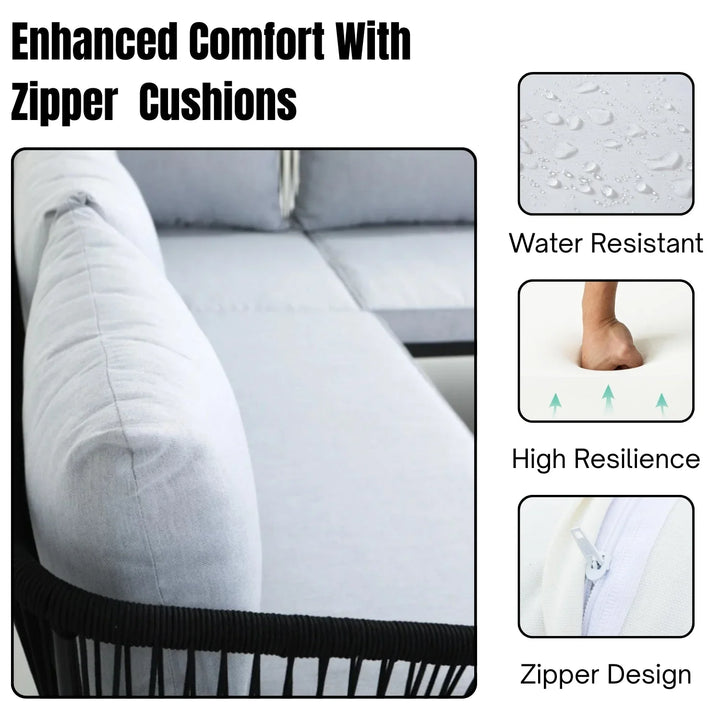 Kinsley L-Shape 5 Seater Outdoor Patio Rope Conversation Set with Table