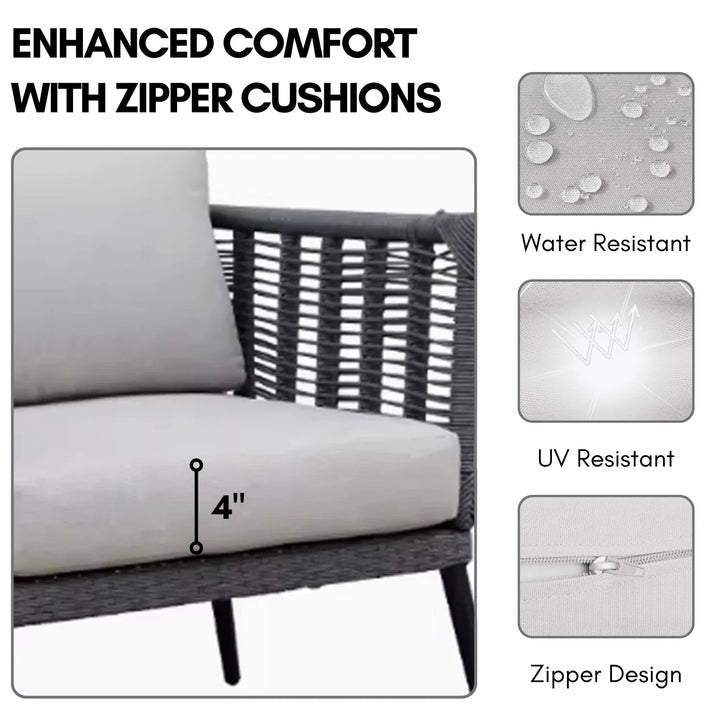 Amirah Outdoor Grey Rope 7-Seater Sofa Set With Glass Top Table