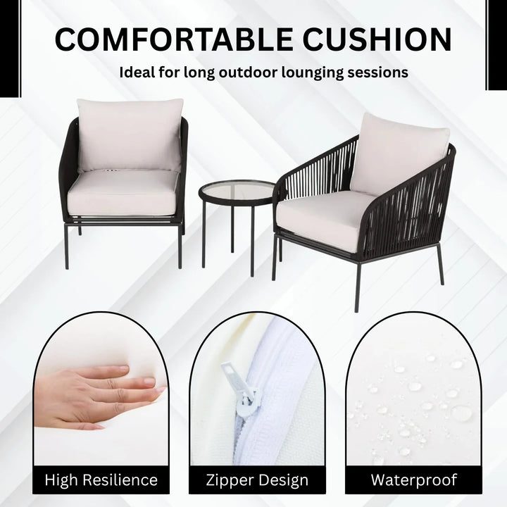 Safiya 3 Piece Outdoor Rope Bistro Set (Black & White)