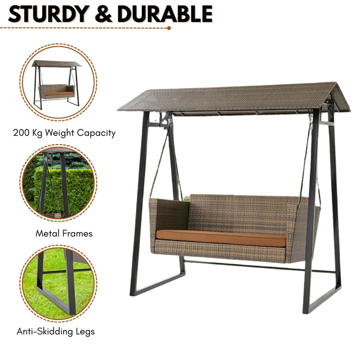 Tigist All Weather Wicker 2-Seat Patio Swing Chair with Shade & Cushions