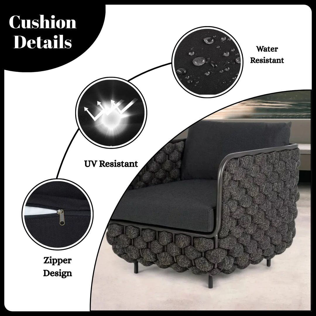 Camila 4 Piece Outdoor Rope Sofa Set with Glass Top Coffee Table (Black)